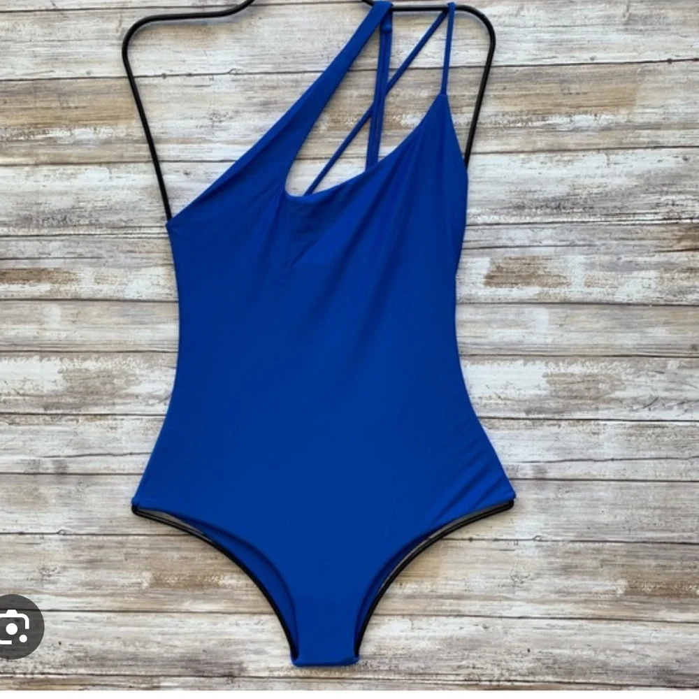 MIKOH Pahoa High Neck Cross Shoulder Sporty One Piece in Drop Off Blue NWT - Picture 2 of 2